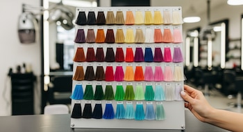 Una mano sostiene una carta con sesenta y cuatro muestras de cabello de distintos colores, del negro al rubio claro, en un salón.