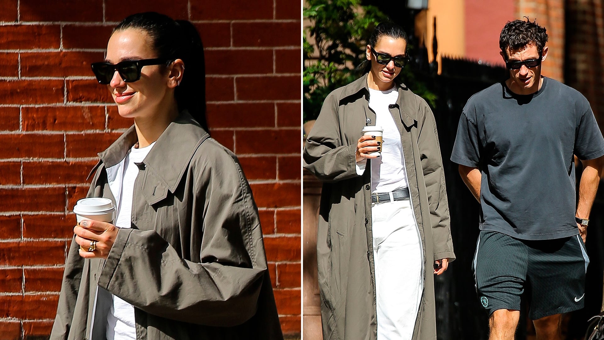 Dua Lipa vistió en las calles de Nueva York un conjunto total white integrado por una camiseta y un pantalón de líneas simples (REES, ULRA, SINY / Fernando Ramales / BACKGRID / GROSBY GROUP)