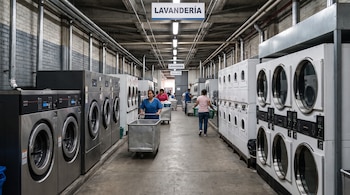 Pasillo de lavandería industrial con hileras de lavadoras y secadoras. Varios trabajadores mueven carros metálicos y cestas de ropa. Paredes de ladrillo y tuberías visibles.