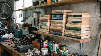 Tres pilas de libros en un estante de madera, con latas de lubricante debajo y herramientas colgadas en la pared de un garaje.