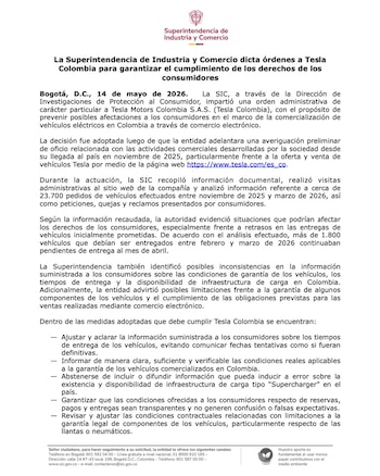 Consumidores reportan más de 1.800 vehículos Tesla pendientes de entrega, generando gastos adicionales y reclamaciones ante la SIC - crédito @sicsuper/X
