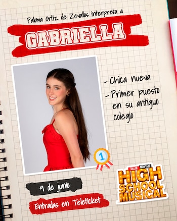 Retrato de Paloma Ortiz de Zevallos sonriendo, vestida de rojo, junto a texto que la identifica como Gabriella para el musical High School Musical