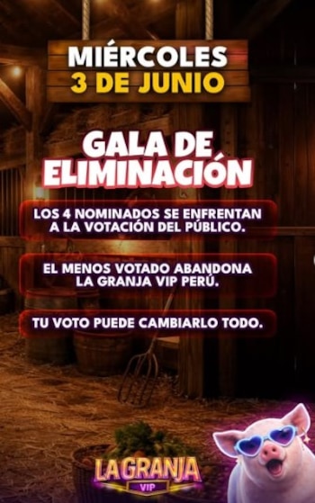 Póster de la 'Gala de Eliminación' de 'La Granja VIP' para el 3 de junio, mostrando texto informativo y un cerdo animado con gafas de sol