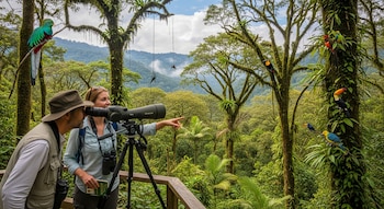 Un hombre y una mujer observan con un telescopio terrestre y binoculares en un bosque denso con árboles y diversas aves.