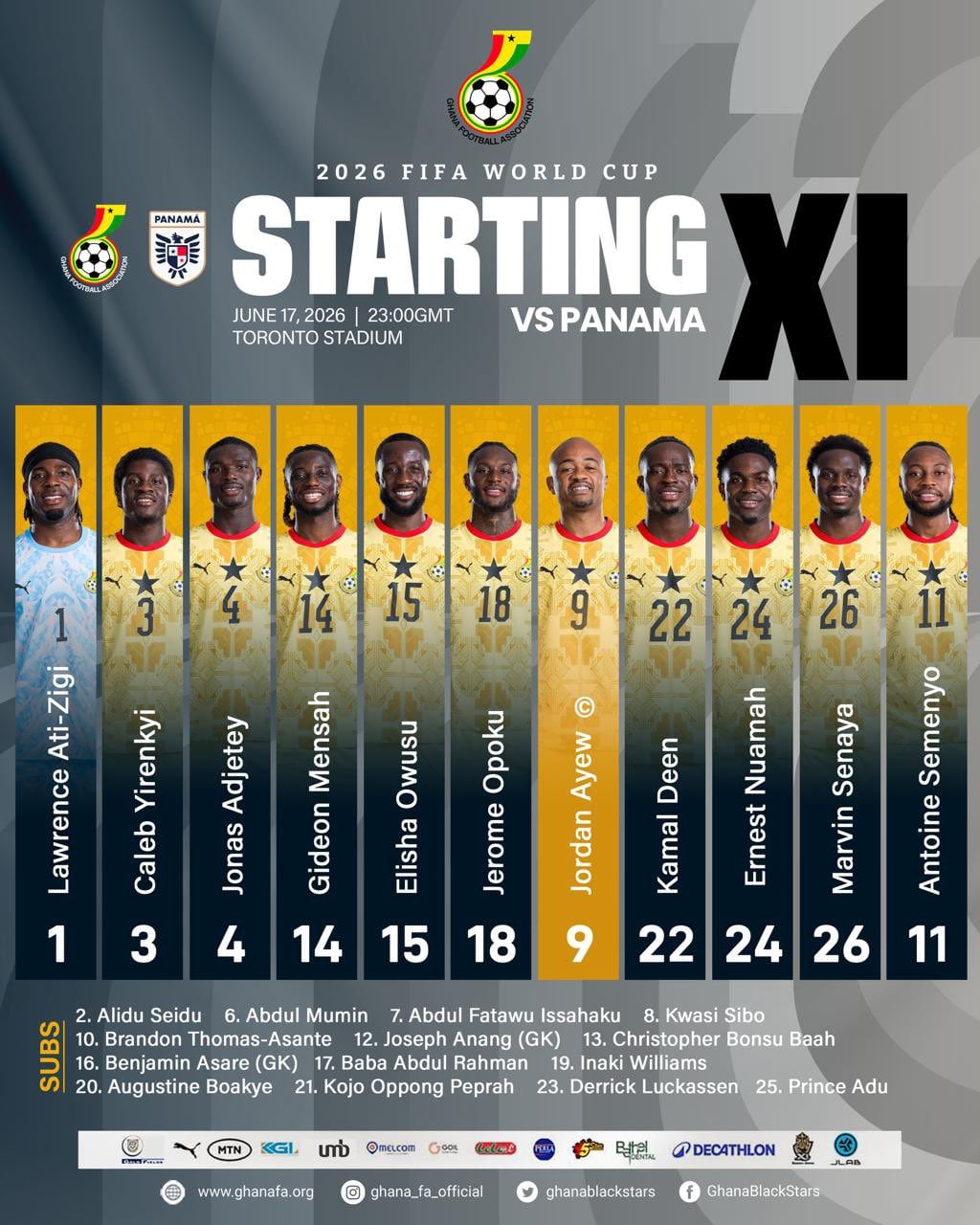 La selección de fútbol de Ghana presenta su alineación inicial y suplentes para el esperado encuentro contra Panamá en la Copa Mundial de la FIFA 2026. (X/ @GhanaBlackstars)