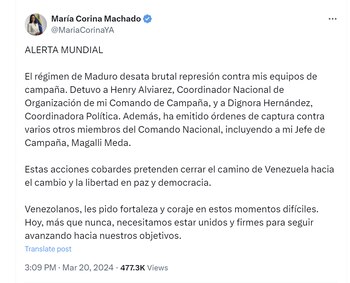 María Corina Machado denunció "represión"