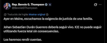 El representante Bennie Tgompson afirmó que hará responder al ICE por el operativo que terminó con la muerte de Johan Sebastián Durán Guerrero - crédito @BennieGThompson/X