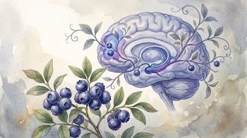 Racimos de arándanos frescos con hojas y un cerebro humano de perfil con ramas de arándano que se entrelazan en su superficie, sobre fondo acuarela.