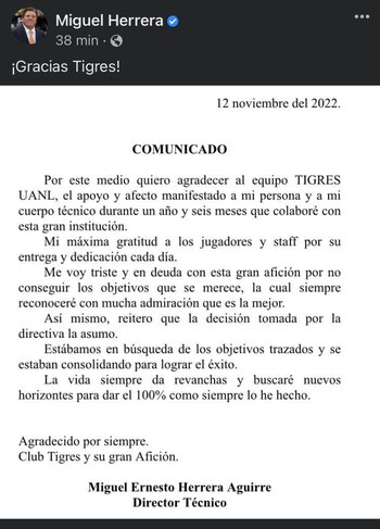 Miguel Herrera compartió un comunicado