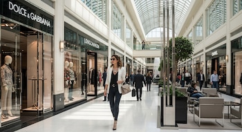 Pasillo de centro comercial con techo de cristal, tiendas Dolce & Gabbana y Longchamp, mujer con blazer blanco caminando, maniquíes y personas.
