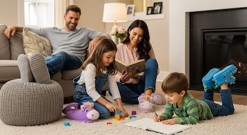 Familia en sala de estar. Hombre en sofá, mujer leyendo, niña jugando con bloques y niño dibujando, todos llevan pantuflas coloridas.