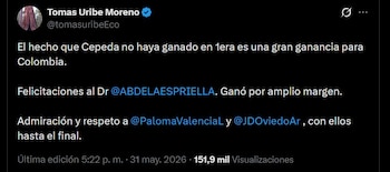 El mensaje de Tomás Uribe destaca el resultado de la primera vuelta presidencial - crédito @tomasuribeEco / X