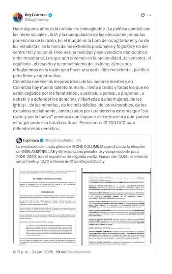 Roy Barreras cuestionó la elección de Abelardo de la Espriella como presidente