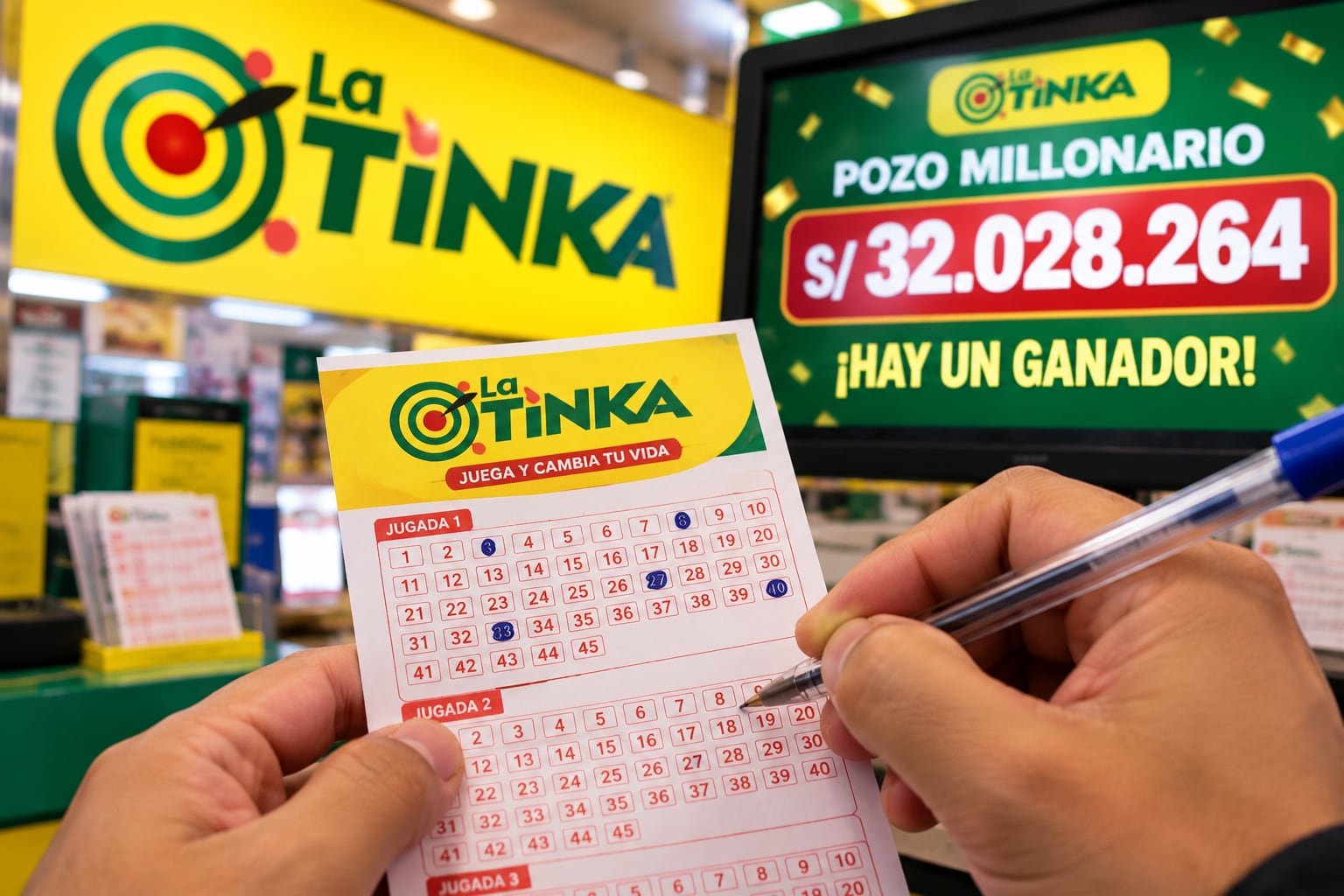 Una persona marca un juego en una cartilla de La Tinka frente a una pantalla que informa sobre un pozo millonario de más de 32 millones de soles en Perú. (Imagen Ilustrativa Infobae)