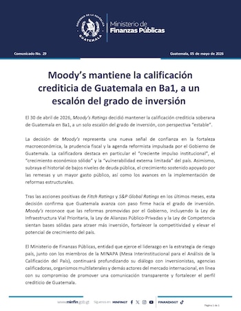 Comunicado oficial del Ministerio de Finanzas Públicas de Guatemala en fondo azul claro, con el escudo nacional y texto sobre la calificación crediticia de Moody's