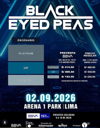 Infografía con logo de Black Eyed Peas, precios de entradas para zonas Platinum, VIP y General, fecha 02.09.2026, lugar Arena 1 Park Lima y logos