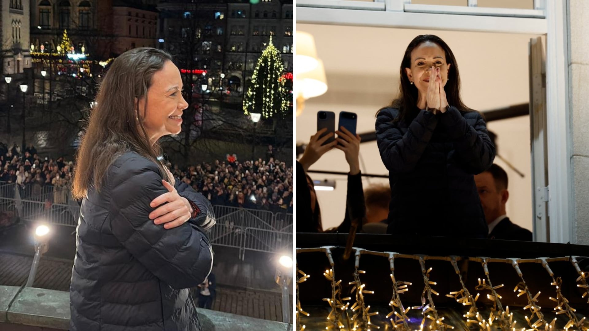 María Corina Machado, que llevaba más de un año en la clandestinidad, apareció este lunes en Oslo, sorprendiendo al mundo al saludar a los venezolanos congregados en las afueras del Grand Hotel - crédito redes sociales