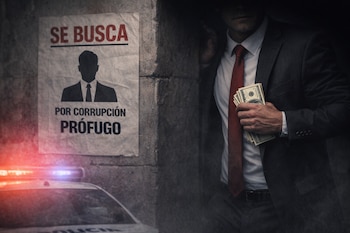 Un hombre con traje y corbata roja, con el rostro oculto, se asoma de una esquina sosteniendo billetes, junto a un cartel de 'Se Busca' y una patrulla policial con luces encendidas.