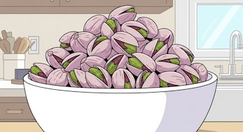 Un tazón blanco lleno de pistachos con cáscaras violetas y nueces verdes visibles, sobre una encimera de cocina con utensilios y un fregadero al fondo.