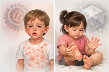 Ilustración de un niño con sarpullido rojo extendido y una niña con ampollas en manos y pies, con virus representados en el fondo.