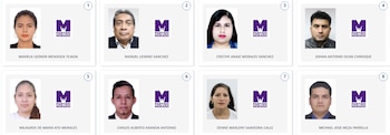 Cuadrícula con ocho fotos de identificación de hombres y mujeres, cada una acompañada del logotipo del Partido Morado y su nombre completo