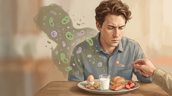 Ilustración de un hombre mirando un plato con huevo, maní, leche, pan, salmón y fresas. Una mano acerca un tenedor; detrás, formas abstractas de células inmunes flotan.
