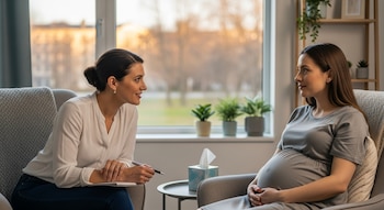 Una psicóloga sonriente sentada frente a una mujer embarazada que la escucha atentamente en consulta. Están en sillones, con una ventana y plantas al fondo.