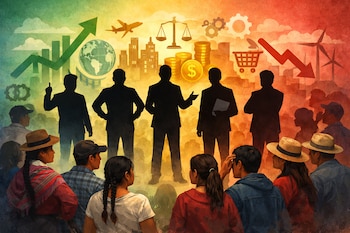 Ilustración de siluetas de candidatos presidenciales de pie frente a ciudadanos peruanos, con un fondo lleno de símbolos económicos y sociales.