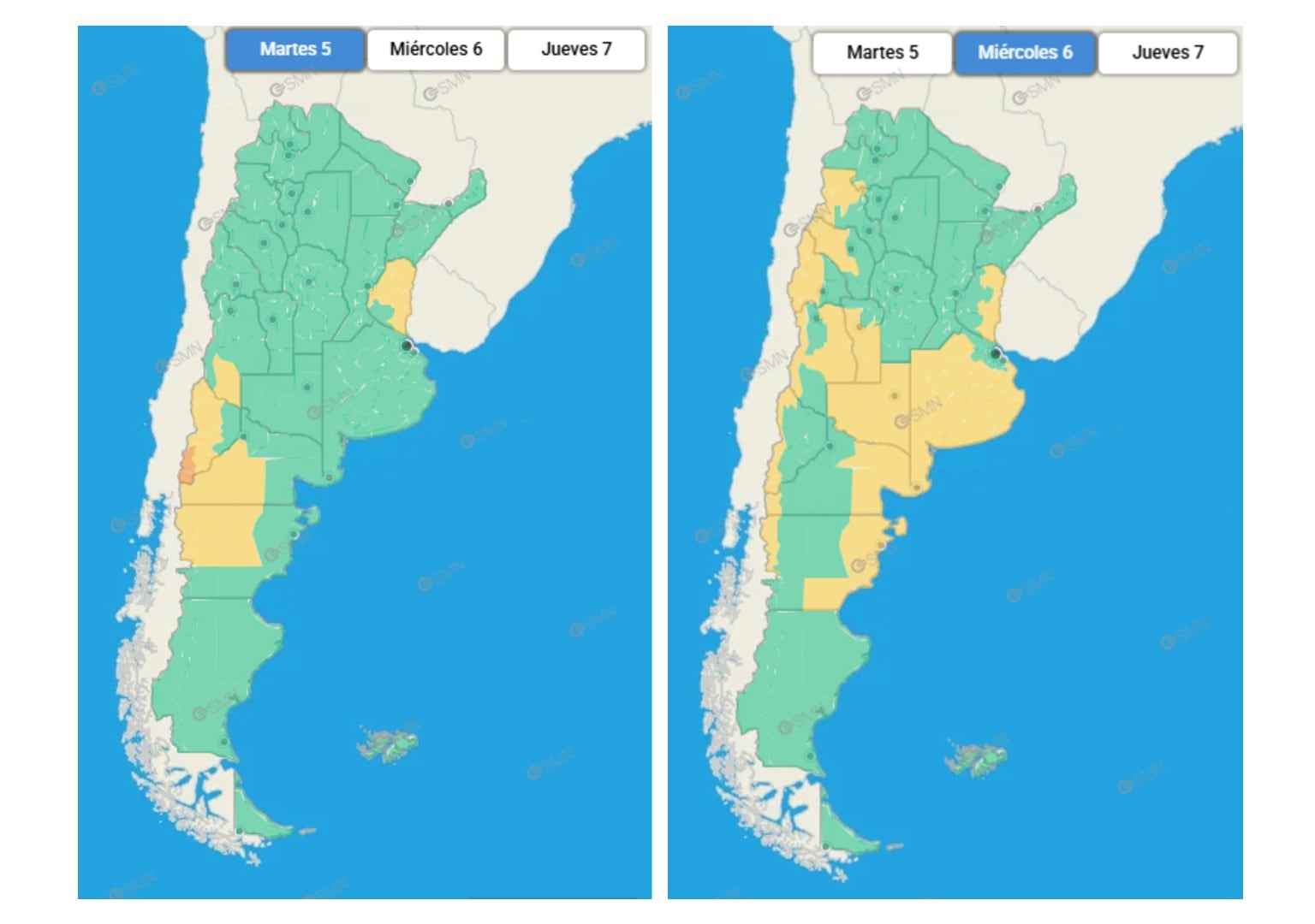 Mapas del Servicio Meteorológico Nacional que muestran las alertas meteorológicas por regiones en Argentina para el martes 5 de mayo y el miércoles 6 de mayo, indicando zonas con diferentes niveles de advertencia