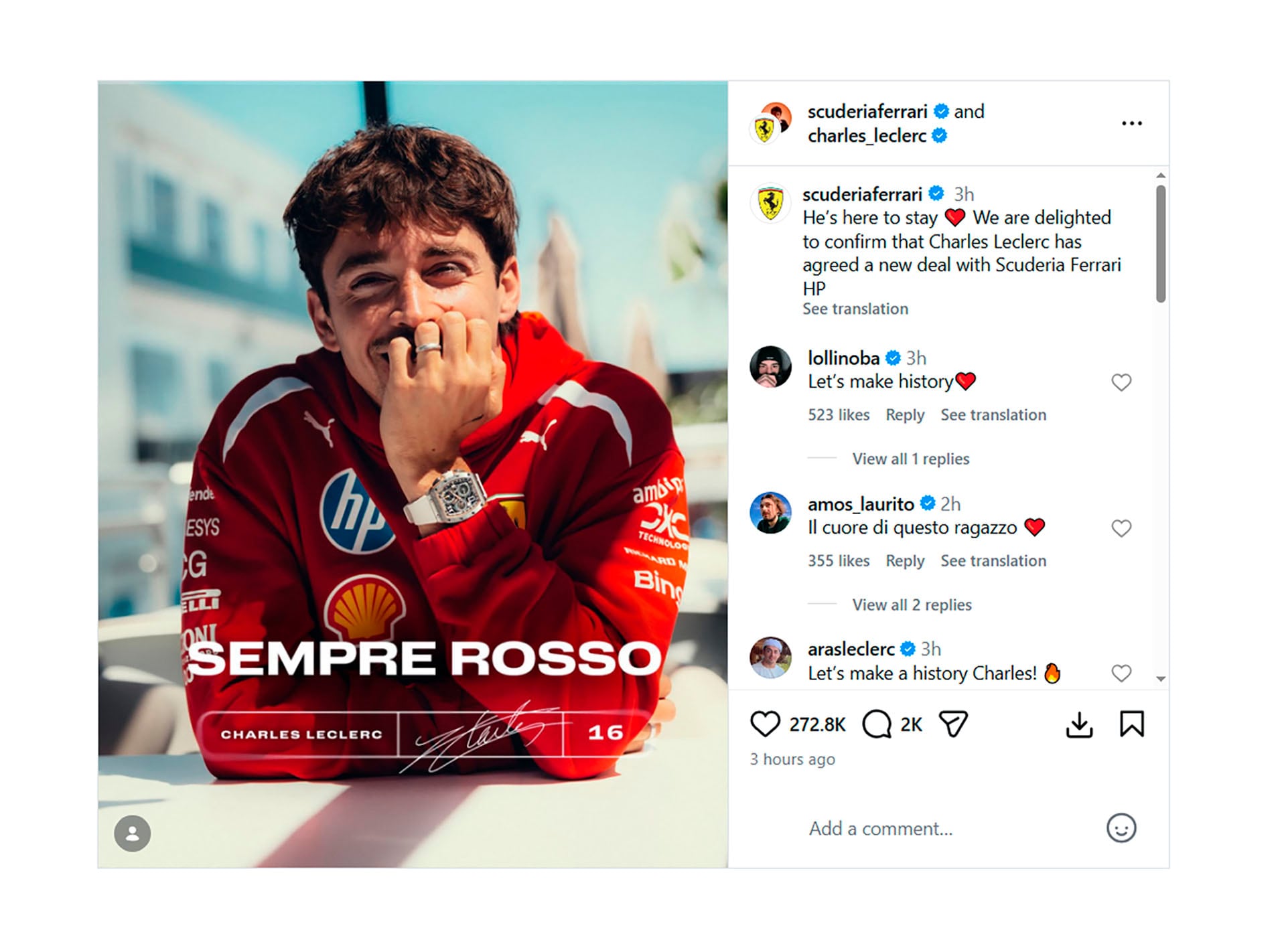 El piloto Charles Leclerc sonríe mientras Ferrari anuncia su renovación de contrato multianual, asegurando su futuro con el equipo de Fórmula 1. (Instagram)