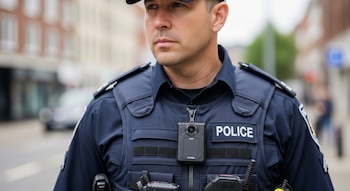 Primer plano de un agente de policía uniformado en exterior. Lleva una gorra oscura, chaleco táctico y una cámara de uso corporal en el pecho.