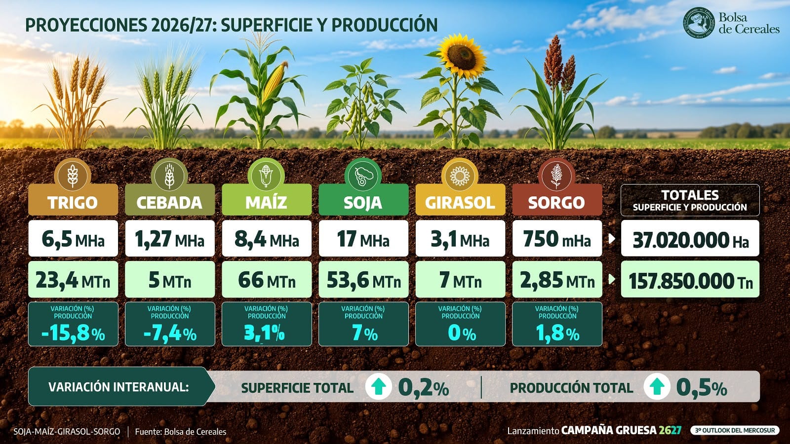La producción de granos proyectada para el ciclo agrícola 2026/27 alcanzaría las 157,9 millones de toneladas, impulsado por el crecimiento de la campaña gruesa (BCBA)