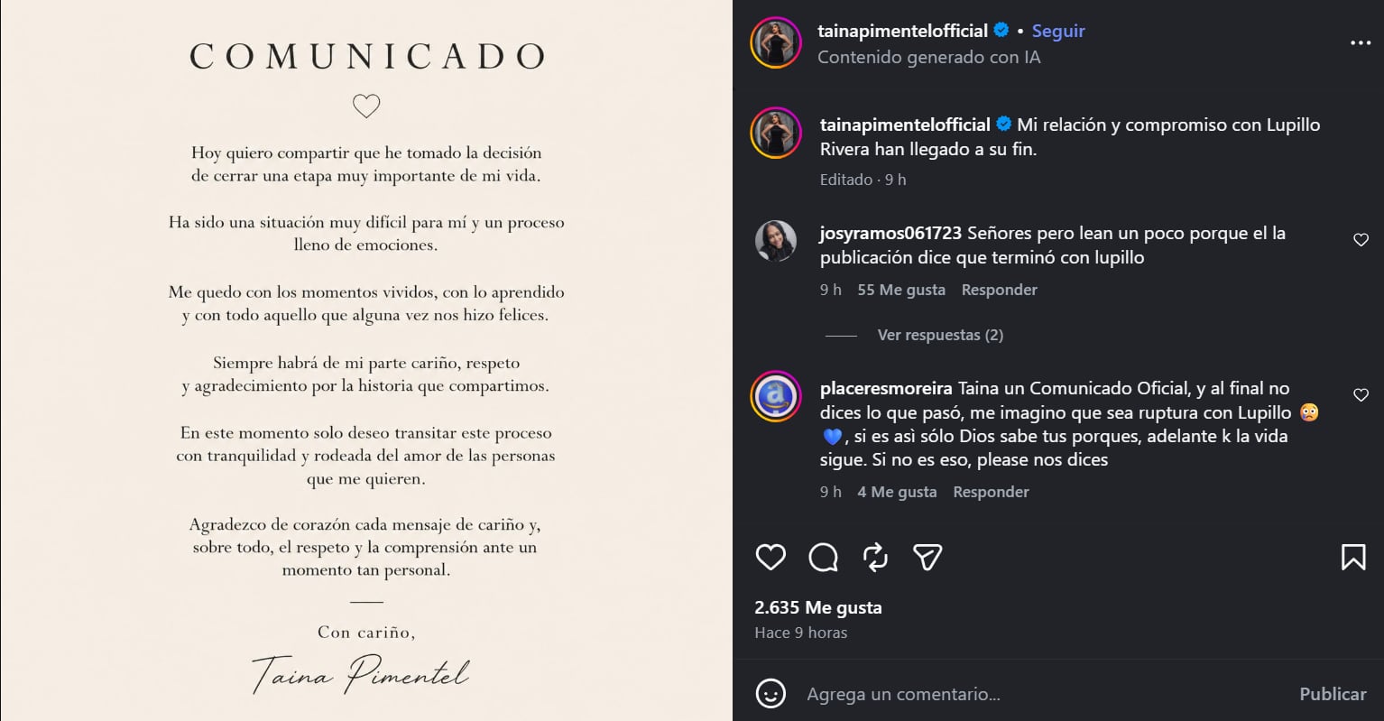 La actriz dominicana anunció la ruptura por medio de un comunicado en Instagram. (IG: tainapimentelofficial)