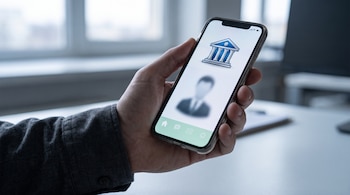 Mano adulta sostiene teléfono móvil con pantalla encendida; se ven un logo de banco, silueta de persona y barra de navegación inferior.