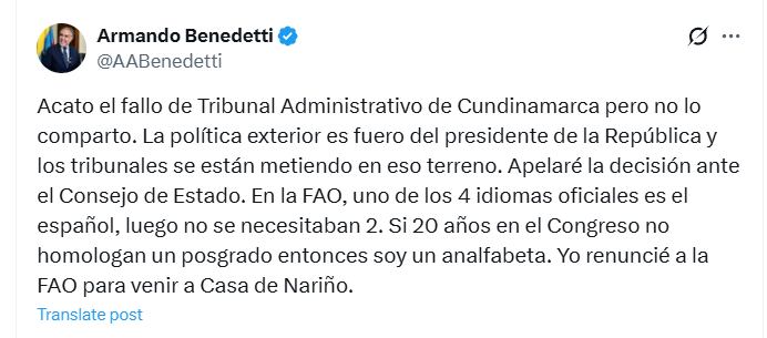 Benedetti anunció que apelará la decisión del Tribunal ante el Consejo de Estado - crédito @AABenedetti/X