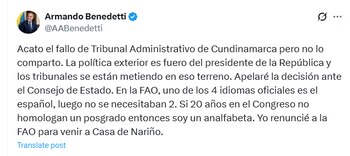 Benedetti anunció que apelará la