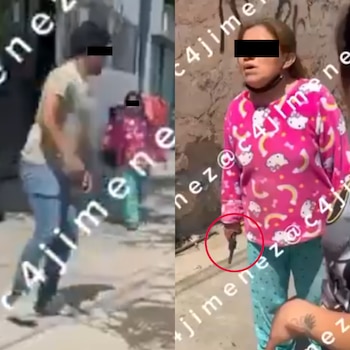 De lado izquierdo se observa el momento en que la señora sale y dispara al hombre de playera café. Crédito: X - @c4jimenez