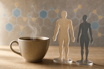 Taza de café humeante sobre una mesa de madera, junto a dos figuras humanas de acrílico y un gráfico de moléculas de fondo.