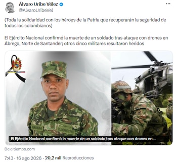 Álvaro Uribe envía mensaje de apoyo a soldados víctimas de la violencia en Norte de Santander - crédito @AlvaroUribeVel/X
