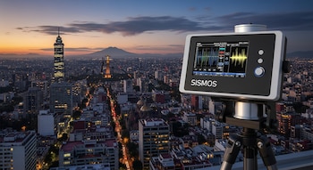 Un sismógrafo digital SISMOS en primer plano sobre un trípode, con una vista panorámica de la Ciudad de México y sus edificios iluminados al amanecer.