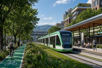 Un tranvía verde y blanco avanza por vías entre césped, junto a una ciclovía verde con un ciclista, peatones, una estación y edificios.