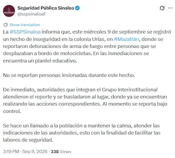 Secretaría de Seguridad reporta un enfrentamiento armado cerca de escuela en Mazatlán. Captura de pantalla