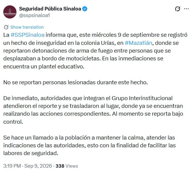Secretaría de Seguridad reporta un enfrentamiento armado cerca de escuela en Mazatlán. Captura de pantalla