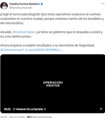 Sandra Forero pidió que los operativos sorpresa contra el microtráfico sean permanentes en Bogotá - crédito @Sandra_ForeroR/X