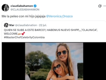 Claudia Bahamón sorprendió con su reacción al shippeo viral, bromeando sobre la admiración de su hijo por Orozco y fortaleciendo así la buena onda que reina en el set - crédito @CLAUDIABAHAMON/ X