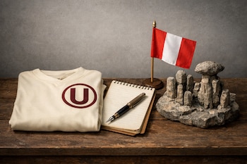 Camiseta doblada del Club Universitario de Deportes, libreta con bolígrafo, bandera peruana, y réplica del bosque de piedras de Huayllay en mesa de madera.