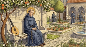 Monje con hábito azul y halo meditando en un banco. A su lado, un laúd y un libro. Otros monjes en un jardín monástico con naranjos, arcos, plantas y fuente.