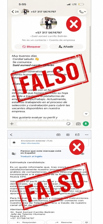 Las falsas ofertas laborales simulan provenir del área de Talento Humano de Nueva EPS - crédito Nueva EPS