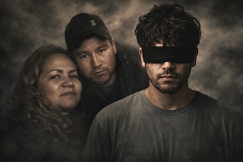 Un hombre con ojos vendados en primer plano. Detrás, Ceci Flores y su hijo, ambos ligeramente desenfocados sobre un fondo oscuro y dramático.