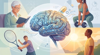 Mujer mayor leyendo libro, mujer haciendo sentadillas con pesas, hombre observando atardecer, ilustración de cerebro con conexiones sobre un fondo claro.